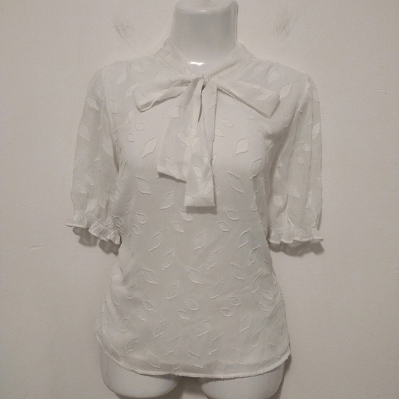 Calvin Klein - Neck Tie Puff Sleeves Sheer Blouse - Picture 2 of 16